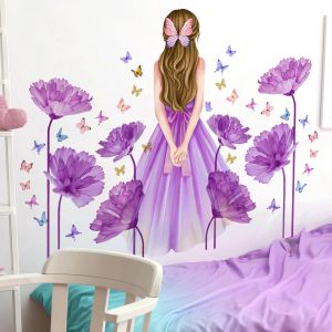 Pegatinas de pared de gran tamaño para sala de estar, decoración de dormitorio, flores moradas, pegatinas de pared para habitación de niñas, murales de papel tapiz para habitación de hija