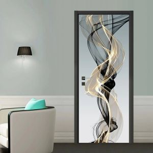 Autocollants de porte de luxe légers, ligne abstraite, Art Mural 3D, papier peint vinyle PVC, couverture de porte entière, rénovation, décorations de maison