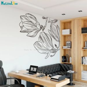 Autocollants muraux à fleurs de Magnolia, étiquette florale d'angle, décor naturel pour la maison, contours minimalistes, décalcomanies pour bureau et étude, YT5986