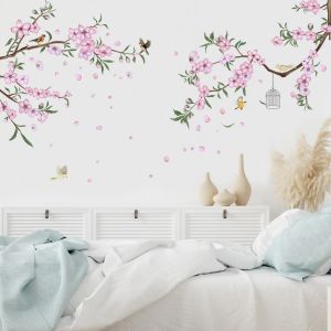 Autocollants Rose Fleur Arbre Branche Oiseau Mur Autocollant Salon Chambre Décor À La Maison Pvc Papier Peint Fille Chambre Pépinière Décor Art Decal Mural