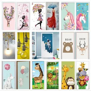 Autocollants de porte de dessin animé rose fille, affiche murale pour chambre d'enfants, licorne astronaute, chambre à coucher, garde-robe en verre, peinture murale animale