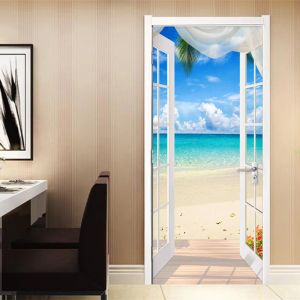 Autocollants PVC autocollant de porte auto-adhésif fenêtre sable plage paysage marin 3D Photo papier peint Mural salon chambre porte décoration autocollants