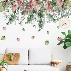 Autocollants muraux aquarelle feuilles vertes plantes tropicales, sparadrap pour coin mural de salon chambre à coucher, autocollants en PVC à feuilles roses