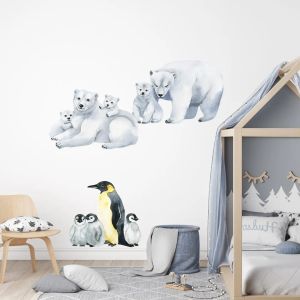 Autocollants aquarelle Animaux muraux autocollants autocollants Polar Bears Penguins Animal autocollants mur pour bébé fille décalcomanies