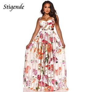 Stigende Femmes Floral Print Patchwork Mesh Maxi Dress Summer Sexy See Through Long Swing Dress Bohemian Spaghetti Strap Sundress X0521
