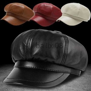 Stingy Brim Chapeaux Automne Hiver En Cuir PU Octogonal Béret Chapeau Femmes Couleur Unie Bérets Casquettes De Baseball Dames Haute Qualité Gavroche Cap Panama Chapeaux J230802