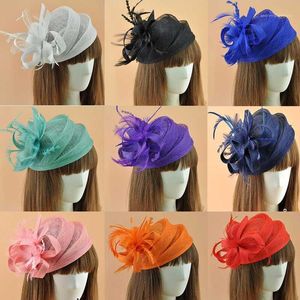 Sombreros de ala tacaña Elegantes damas Royal Fascinators Sombrero Fascinator Mujeres Lino Pluma Boda Fiesta Accesorio para el cabello Race1