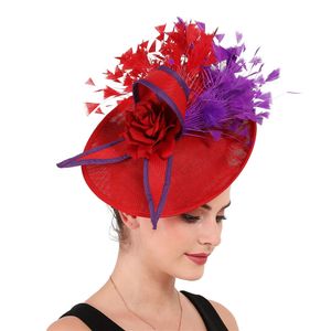 Sombreros de ala tacaños Elegante púrpura y rojo Pluma Fascinator Boda Nupcial HairClip Sombrero para fiesta Cóctel Tocado Dama Floral Patrón HeadWear 230316