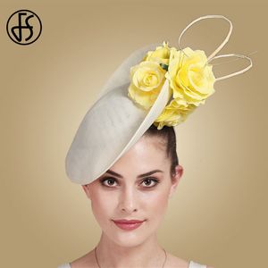 Stingy Brim Hats FS Beige White Kentucky Big Fascinators para el cabello de la boda Cóctel Iglesia Sombreros Mujeres elegantes Fedora Lady Fancy Flower Headwear 230403