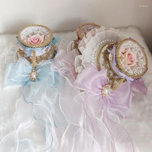 Stingy Brim Hats Japanese Lolita Vintage Round Top Hat Ruffled Lace Bow Pearl Pendentif Tea Party Bonnet Hair Clip Royal Style Anime Kawaii