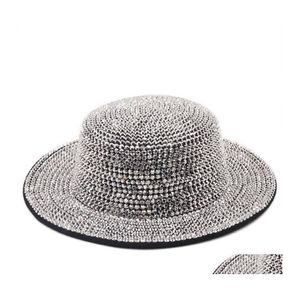 Stingy Brim Hats Luxury Rhinestone Flat Top Fedoras Fieltro Fedora Hat Mujer Mujer Hombre Bling Wide Cap Womens Caps Winter Wholesale Dro Dh2Dx