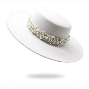 Sombreros de ala tacaña primavera otoño gorra de mujer sombreros Bowler sombreros redondos ala ancha perla con cadena tocado capilla playa boda imagen elegante 230306