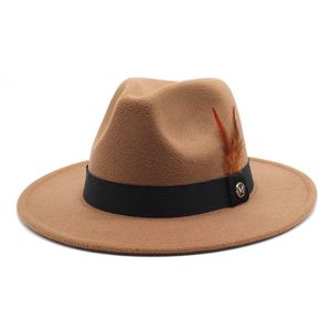 Sombreros de ala tacaña Fedora de lana para mujeres Hombres Fieltro Estilo vintage con banda de plumas Sombrero blanco Top plano Jazz Panamá Cap Drop Deli Dhgarden Dhhko