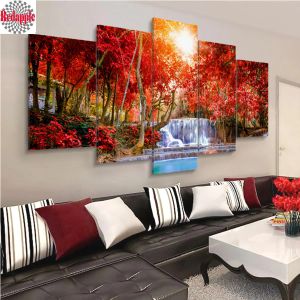 Point de broderie diamant 5 pièces forêt arbre rouge cascade paysage décor à la maison modulaire fond image moderne diamant peinture mosaïque