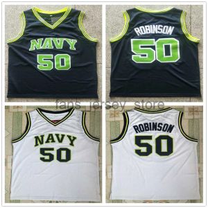 Cousu NCAA Mens Vintage Basketball Jerseys USNA College David 50 Robinson Jersey L'amiral Naval Academy Navy Midshipmen Bleu Blanc Shi