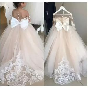 Stock 2-14 Years Lace Tulle Flower Girl Dresses Bows Children's First Communion Dress Princess Ball Gown Wedding Party Dress