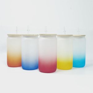 Tasses à bière en verre givré par sublimation colorée de 16 oz Couleur dégradée avec couvercle en bambou et paille réutilisable Canette de soda portable Tasses de jus de lait de café 2.21