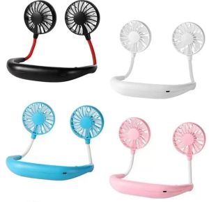 Stock Party Favor Hand Free Fan Sports Portable USB Rechargeable Double Mini Air Cooler Été Cou Ventilateur Suspendu En Gros FY4155