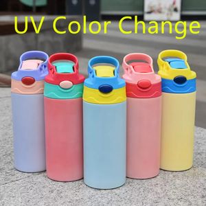 Stock Totalmente recto 12 oz Sublimación UV Cambio de color Tazas para niños Tazas para sorber Botellas de agua de acero inoxidable Vasos de leche para beber al vacío con doble aislamiento