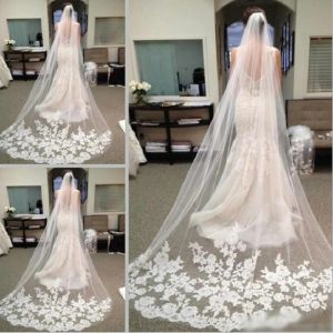 Stock blanc ivoire dentelle bord voiles cathédrale longueur Mariage Voile De mariée 1 niveau Long Voile Mariage Tulle Veu De Noiva CPA219