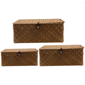 Bolsas de almacenamiento 3 PC CASAS tejidas Grandes Tapa de mimbre Case de juguetes Organizador de maquillaje contenedor de contenedores decorativos Tapa de escritorio de escritorio