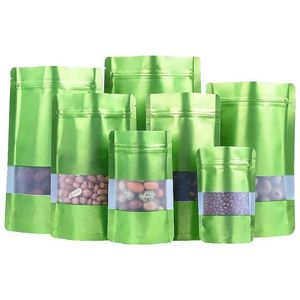 Bolsas de almacenamiento 9 Tamaño Verde Stand Up Bolsa de papel de aluminio con ventana transparente Bolsa de plástico Cremallera que se puede volver a cerrar Envasado de alimentos Lx2693 Drop D Dhqrn