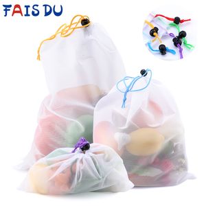 Storage Baskets 5pcs Colorful Reusable Fruit Vegetable Bags Net Bag Produce Washable Mesh Kitchen Toys Sundries 230419