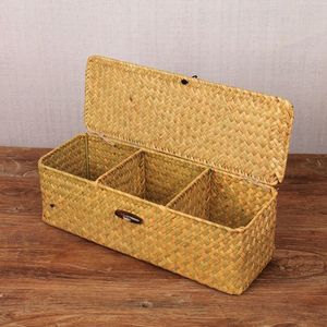 Storage Baskets Hand Woven Storage Baskets with Lid Dust Clothing Basket Storage Box Rectangular Wardrobe Container Sundries Organizer 3 grids 230208