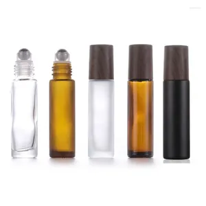 Botellas de almacenamiento 12x 24x 5ml 10ml Rollo de aceite esencial de vidrio en tapas de pintura de madera Viales Botella de perfume recargable con rodillo