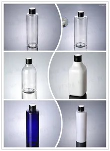 Botellas de almacenamiento 200 ml transparente/blanco/azul botella de plástico para mascota tapa de aluminio negro de aluminio vacío envasado de cuidado de la piel agua/aceite de limpieza/humectante