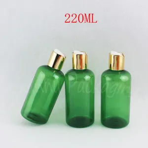 Bouteilles de rangement 220 ml bouteille en plastique vert avec capuche à disque doré 220 cm3 lotion de conteneur cosmétique vide / shampooing