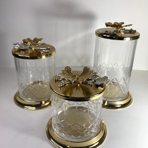 Botellas de almacenamiento Organizador de cocina de 3 piezas Arroz Diseño de vidrio transparente negro Color dorado Detalles decorativos de mariposa Accesorios para el hogar de metal