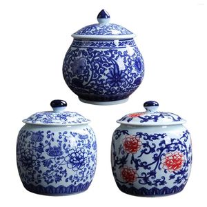 Botellas de almacenamiento Floreros de cerámica Esmalte Decorativo Templos de estilo chino antiguo Almacenamiento de tarros Frascos de jengibre de porcelana blanca azul Fiesta