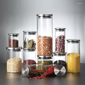 Contenedor de botellas de almacenamiento para cereales, frascos de vidrio con cubierta de acero inoxidable, tanque de especias, juego de bote para alimentos y granos de café