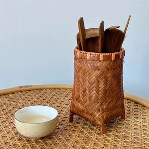 Botellas de almacenamiento estilo pastoral hecho a mano bambú tejido té accesorios pluma titular maquillaje cepillo regalo