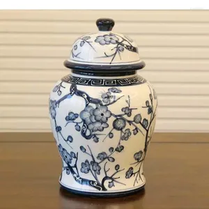Bouteilles de stockage Pots en céramique de peinture à l'encre de fleur de prunier avec couvercles Pots de bonbons Pots de décoration de bureau pot contenants cosmétiques Vintage décor à la maison