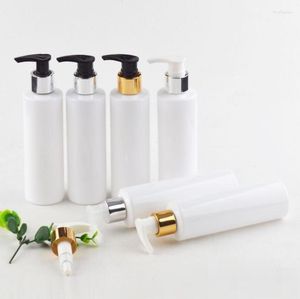 Bouteilles de stockage en gros 200 pcs/lot haute qualité 200 ml vide bouteille blanche en PET avec pompe à vis en aluminium or/argent