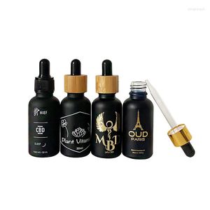 Bouteilles De Stockage En Gros Personnalisé Impression En Soie Vide Cosmétique Sérum Essence Verre Conteneur Huile De Cheveux Droppe Avec Couvercle En Aluminium Wodd Cap