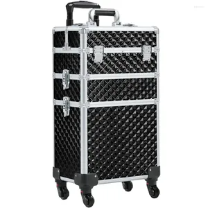 Boîtes de rangement 3-en-1 valise de train de maquillage roulant chariot cosmétique noir espace exclusif avec différentes tailles et modes de disposition