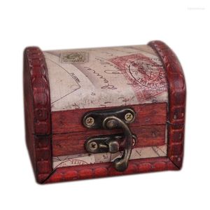 Boîtes de rangement bacs rétro petite boîte à serrure en bois bijoux Bracelet étui à perles porte-cadeau en bois motif de timbre Antique vente Vintage