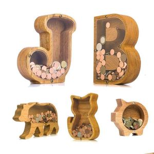 Boîtes de rangement Bacs Boîtes de rangement Bacs en bois Tirelire personnalisée pour enfants Alphabet Pot d'argent Boîte d'économie de pièces Lettres anglaises Bois An Dhz8V