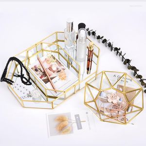 Boîtes de rangement cosmétiques bijoux plateau coiffeuse bureau verre doré ornements géométriques