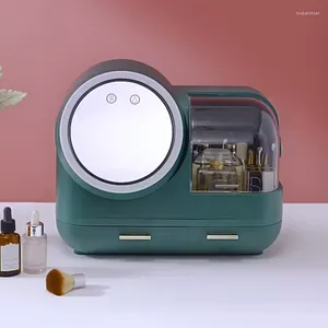 Boîtes de rangement organisateurs de maquillage avec miroir à LED rotatif à 360 degrés boîte cosmétique ventilateur coiffeuse affichage tiroir