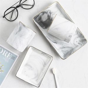 Cajas de almacenamiento Bandeja de joyería de cerámica nórdica Tocador de baño con borde de rastro veteado