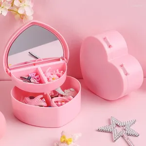 Boîtes de rangement Boîte de maquillage de coeur rose Boîte de bureau Love Double Mirror