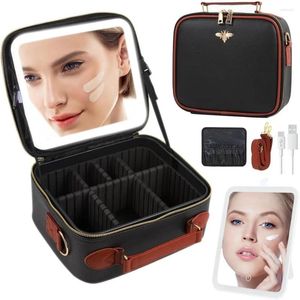 Boîtes de rangement Sac de maquillage de voyage Miroir de LED Organisateur cosmétique rechargeable Diviseurs réglables Brosses Sangle Sacs noirs
