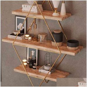 Supports de rangement Racks Prism Mur solide 3 étagères Cuisine Salle de bain Bibliothèque Grande taille Premium Bois naturel Or et noir Couleur Métal Dhagx