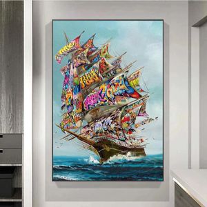 Tempête sur la mer Graffiti Art Pirate Ship Vintage Toile Peinture Affiches et Gravures Salon Art Décoration Murale Peinture