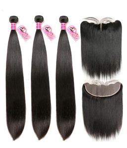 Paquetes de cabello humano liso con cabello Remy brasileño Frontal, 3 paquetes con cierre de oreja a oreja de 13x4, relación media de 830quot para Wom1818951