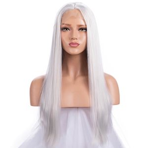 Perruque Lace Front Wig synthétique lisse et longue, couleur Sexy, avec raie au milieu, style Cosplay, résistante à la chaleur, blanche, pour femmes noires africaines